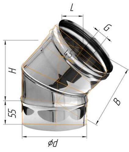 Колено Феррум угол 135°, нержавеющее (430/0,8мм), ф150-1