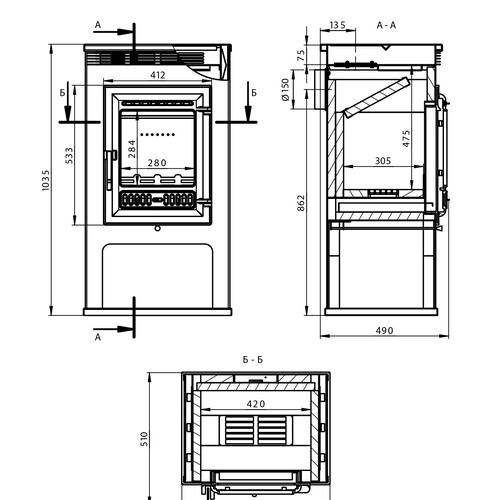 Печь-Камин ASTON 11кВт (180 м3) Ø 150мм (Чугунная дверь) Талькохлорит-3