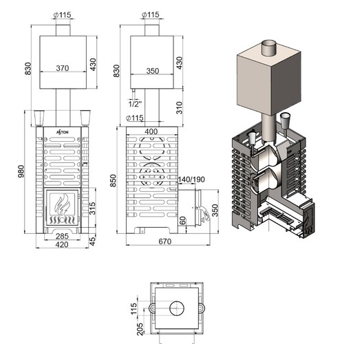 Печь для бани ASTON 20 с баком на трубе 50л Ø115 (AISI 439)-4