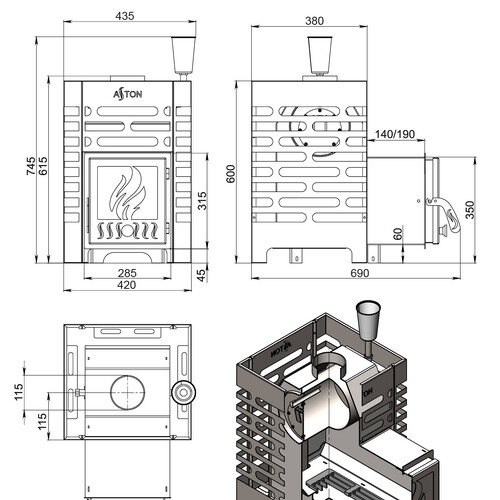 Печь для бани ASTON 12 INOX с баком на трубе 50л Ø115 (AISI 439)-5