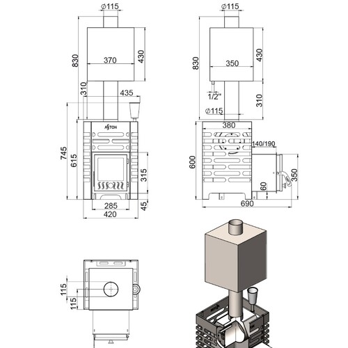 Печь для бани ASTON 12 INOX стекло с баком на трубе 50л Ø115 (AISI 439)-6