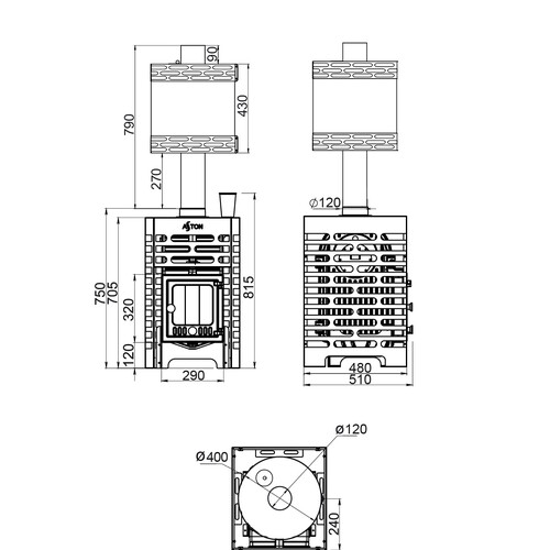 Печь для бани ASTON «Шторм 16» (ДТ-4С) б/в с баком на трубе 50л Ø120 (AISI 439) «ШТОРМ» (круглый)-1